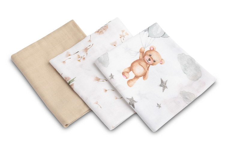 Muslinske pleničke 3-pack - SIVA/BEŽ MEDVED
