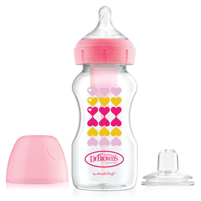 WB91604 9 oz/270 ml PP Steklenička s širokim vratom Options+ rožnati srčki z nastavkom za pitje (+L3 cucelj v steklenici), 1-kos