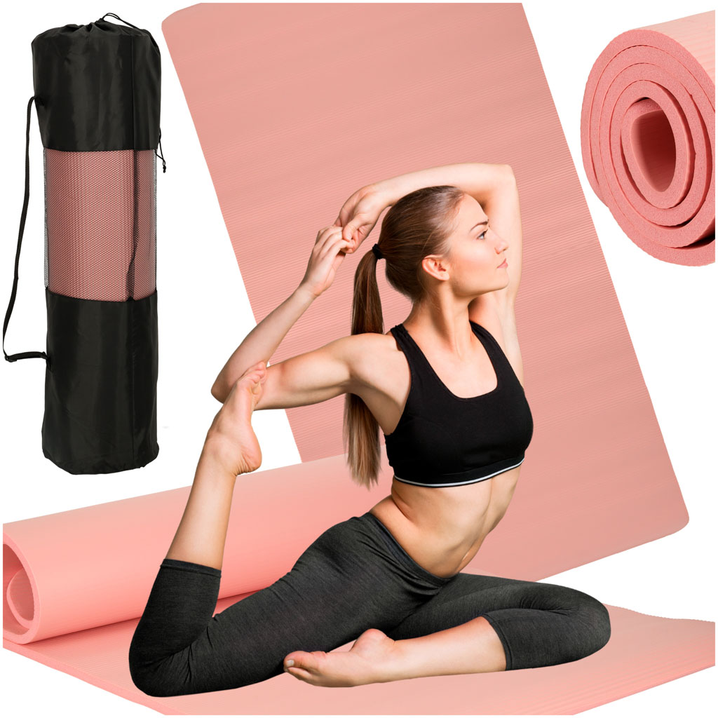Joga gimnastika usposabljanje mat fitnes karimata debela 1,5 cm roza + pokrov