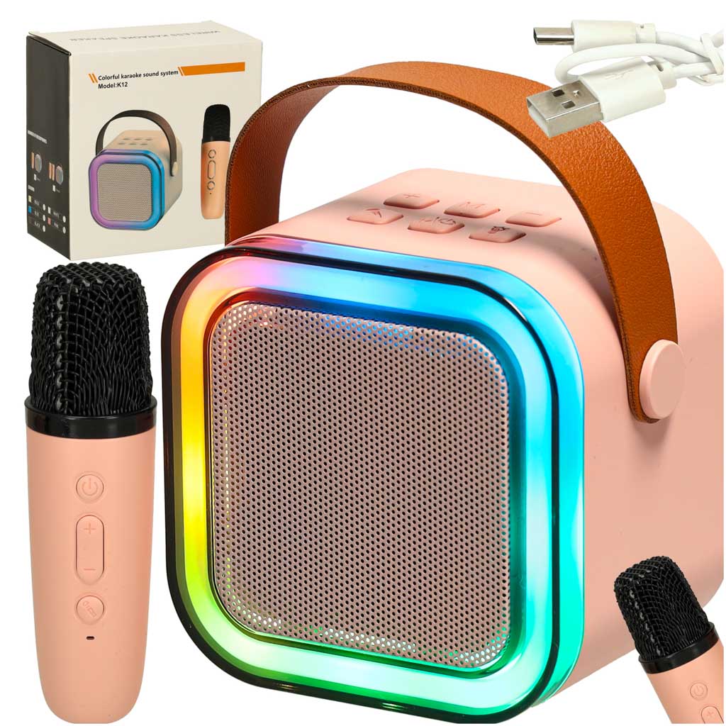Karaoke set mikrofon + prenosni zvočnik BLUETOOTH USB LED roza