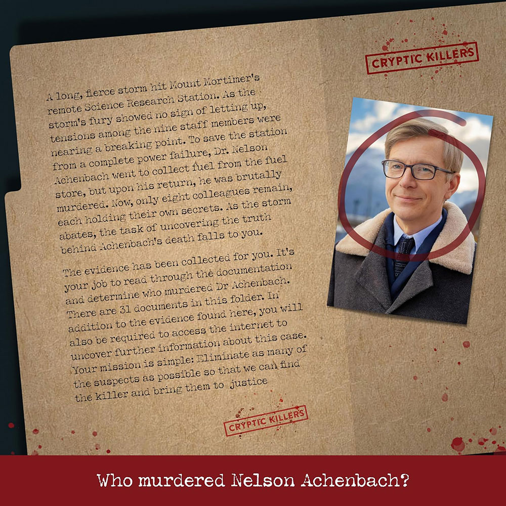 Detektivska igra - Murder on Mount Mortimer - Cryptic Killers T4