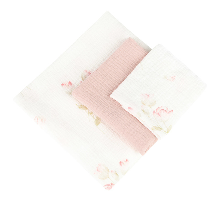 Trio plenic iz krčenega muslina 120x120, 70x60, 30x35 3 kosi cvetlice roza